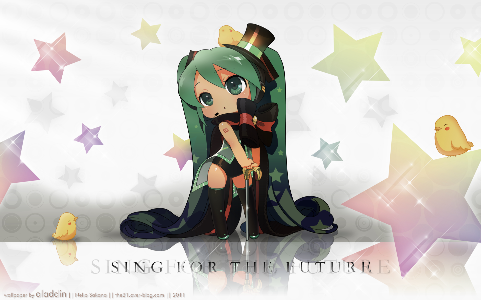 4K Ultra HD anime wallpaper featuring Hatsune Miku from Vocaloid, sitting with vibrant stars and small yellow chicks in a colorful, whimsical background.
