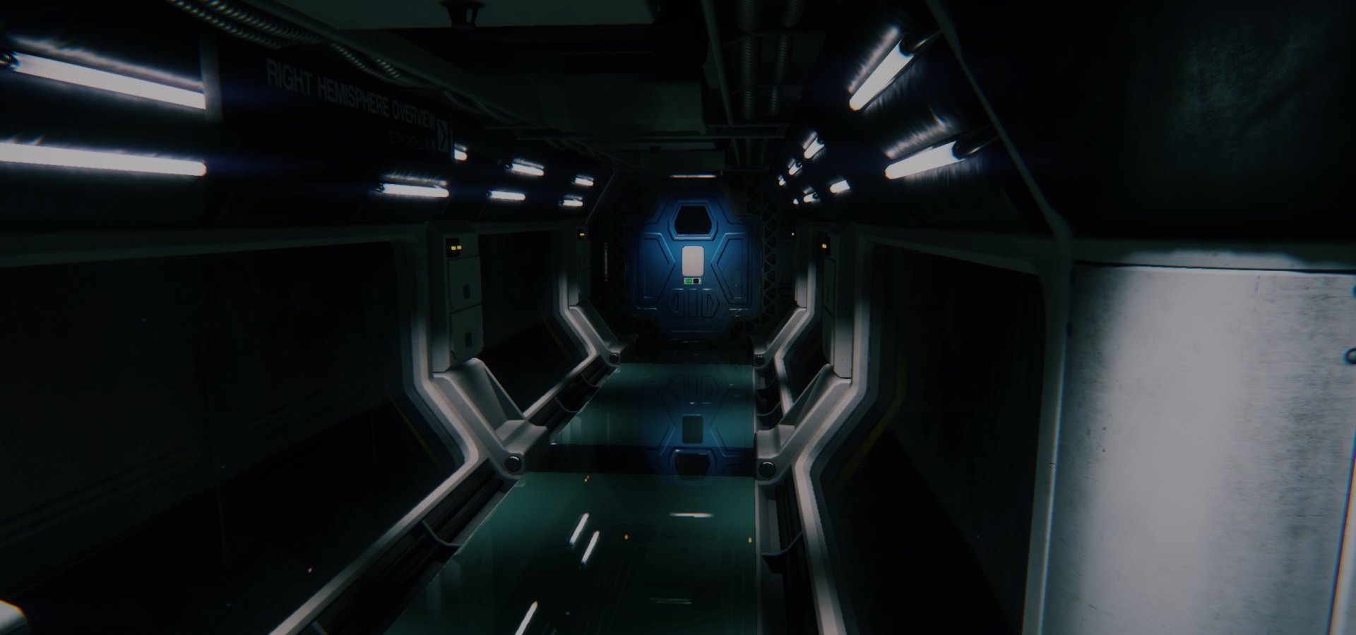 HD PC desktop wallpaper from the video game Alien: Isolation, depicting a dark, eerie corridor with dim lighting and futuristic design.