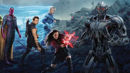 HD desktop wallpaper featuring Avengers: Age of Ultron characters Vision, Hawkeye, Quicksilver, Scarlet Witch, and Ultron in an action-packed scene.