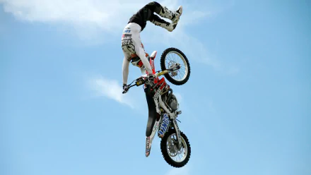 An HD desktop wallpaper featuring an acrobat performing a daring stunt on a Honda motocross bike against a clear blue sky backdrop. Tags: acrobatics, bike, Honda, motocross, sports.