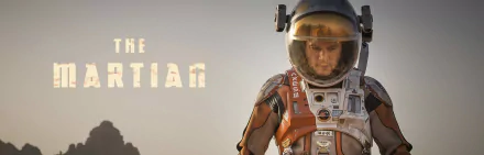 Close-up of an astronaut from The Martian movie in a dusty orange suit, helmet visor reflecting a rust-red landscape — 4K Ultra HD PC desktop wallpaper/background.