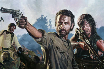A dynamic scene from *The Walking Dead*, featuring Tyreese Williams, Daryl Dixon, and Rick Grimes, set against a backdrop of chaos and survival in a post-apocalyptic world.