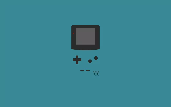 HD wallpaper featuring a stylized Game Boy illustration on a teal background, suitable as a desktop background.