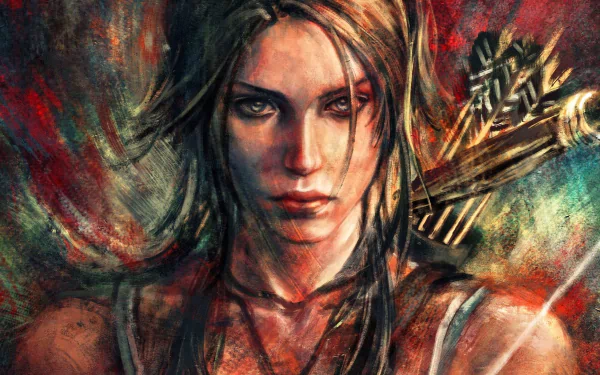 HD wallpaper featuring Lara Croft from the video game Tomb Raider, showcasing her determined expression against a vibrant, artistic background.
