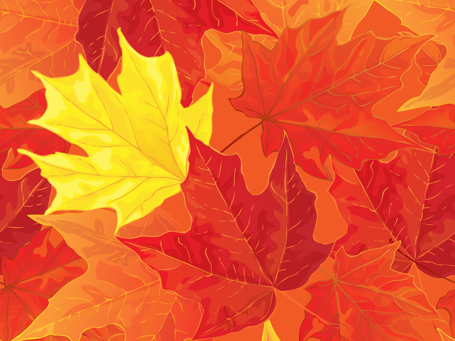 Artistic fall composition of red and yellow maple leaves forming a vibrant 2K Quad HD PC desktop wallpaper background.