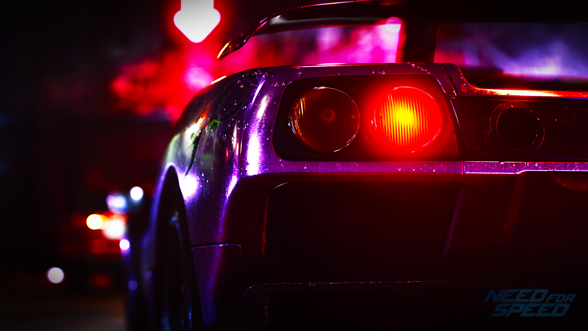 Rear three-quarter view of a glossy sports car with a glowing taillight speeding through a neon-lit city at night — Need for Speed (2015) video game HD PC desktop wallpaper.