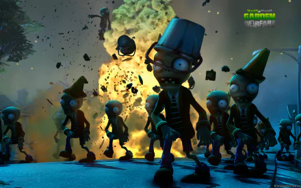 HD desktop wallpaper featuring Conehead Zombie and Buckethead Zombie from Plants vs. Zombies: Garden Warfare, with a background of an explosion and multiple zombies advancing.