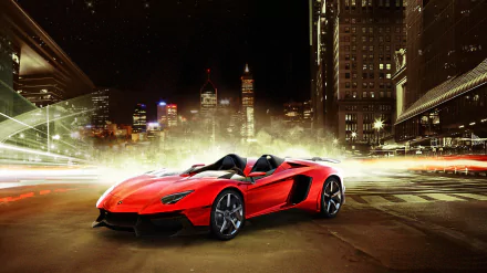 A striking red Lamborghini Aventador J convertible takes center stage in a vibrant city at night, surrounded by lights and a dynamic atmosphere, showcasing its sleek design and power.