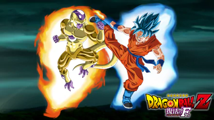 HD desktop wallpaper featuring Frieza and Goku from Dragon Ball Z: Resurrection of F, showing them in an intense battle with energy auras, set against a dramatic background.