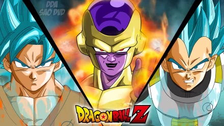 A vibrant HD wallpaper from Dragon Ball Z: Resurrection of F, featuring Goku, Frieza, and Vegeta in intense stances. The characters are highlighted against an action-packed background.