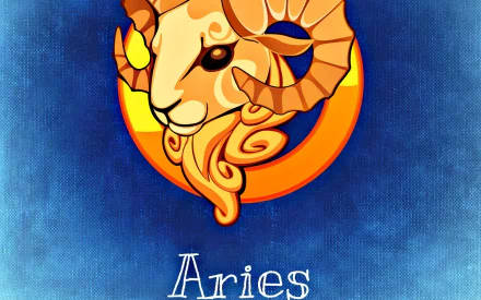 Artistic Aries zodiac emblem: stylized orange ram head and crescent on textured blue background with Aries text, HD PC desktop wallpaper and background for astrology/horoscope.