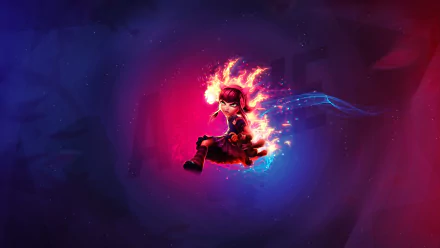 HD desktop wallpaper of Annie from the video game League of Legends, featuring vibrant flames and a dynamic, colorful background.