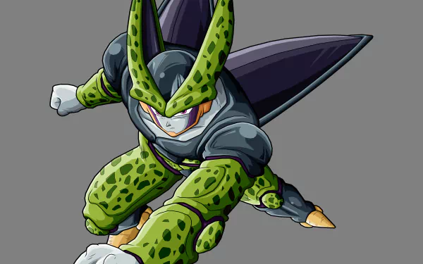 Cell from Dragon Ball Z is depicted in a dynamic pose, showcasing his vibrant green and black design. This 4K Ultra HD image serves as an engaging anime-themed desktop wallpaper.
