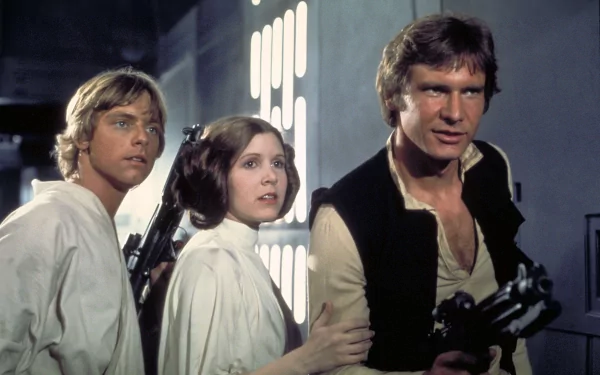 HD desktop wallpaper featuring Luke Skywalker, Princess Leia, and Han Solo from Star Wars Episode IV: A New Hope.