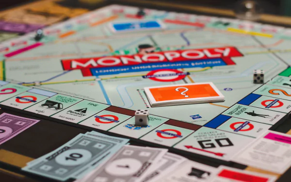 5K Ultra HD PC desktop wallpaper background: man-made Monopoly board game close-up with colorful properties, dice, Chance card and Monopoly logo on a wooden table.