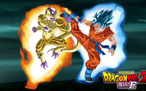 HD desktop wallpaper featuring Frieza and Goku from Dragon Ball Z: Resurrection of F, showing them in an intense battle with energy auras, set against a dramatic background.