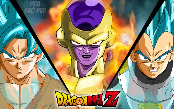 A vibrant HD wallpaper from Dragon Ball Z: Resurrection of F, featuring Goku, Frieza, and Vegeta in intense stances. The characters are highlighted against an action-packed background.