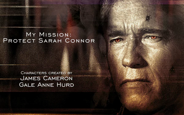 4K Ultra HD wallpaper featuring Arnold Schwarzenegger as the Terminator from Terminator Genisys with the mission to protect Sarah Connor, credits to James Cameron and Gale Anne Hurd.