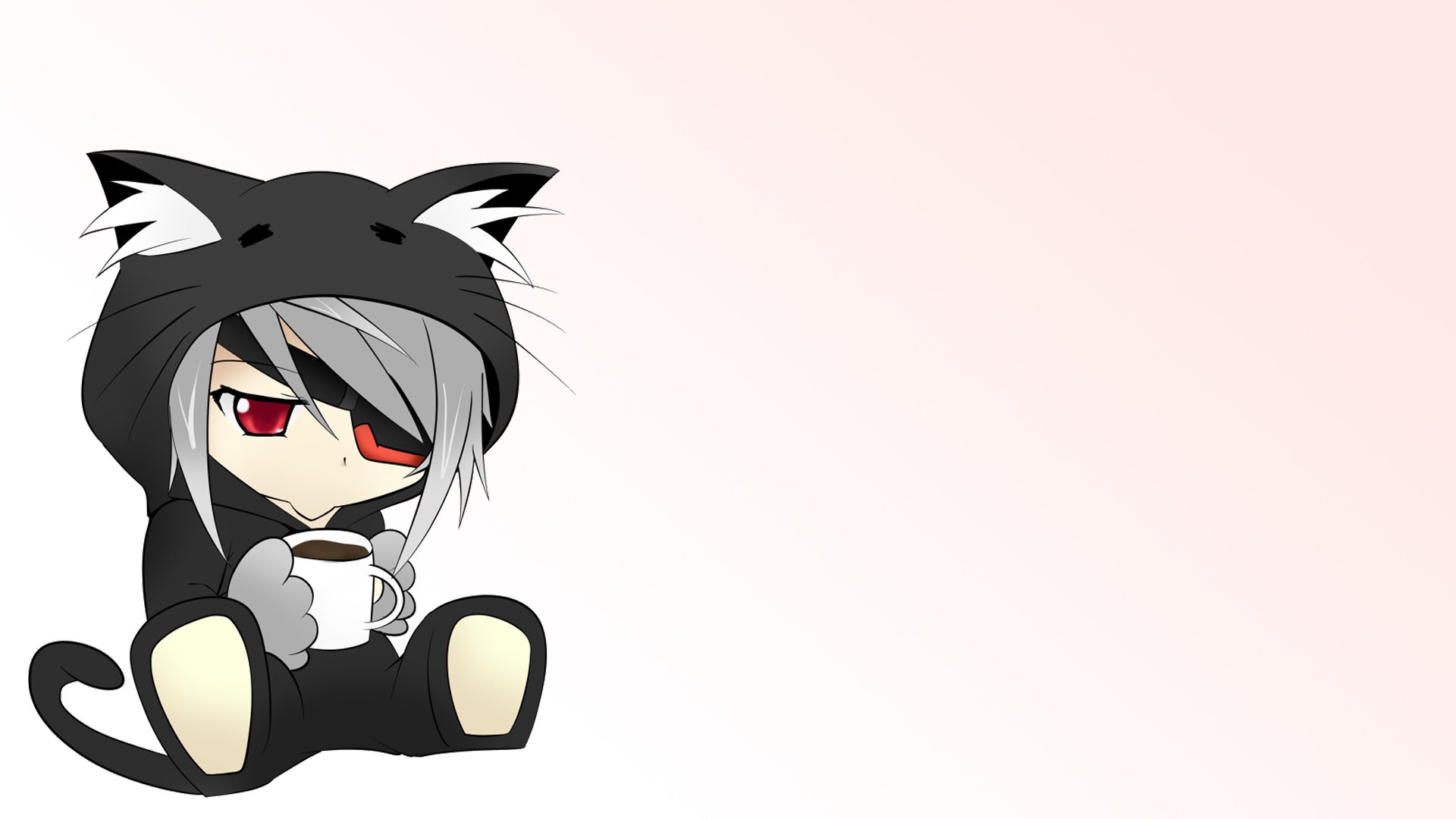 Chibi Anime character from Infinite Stratos in a black cat onesie, gray hair and red eyes, sipping from a mug on a soft pink gradient HD PC desktop wallpaper background.