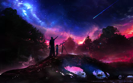 An artistic HD desktop wallpaper of a night scene by a river, featuring people using a telescope under a space-themed sky with vivid colors and cosmic elements.