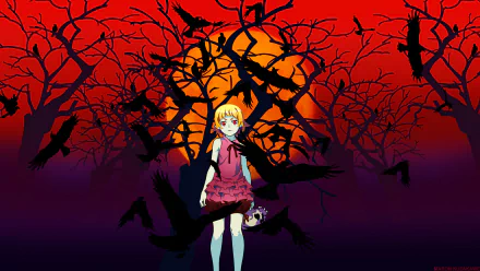 A vibrant HD wallpaper featuring Shinobu Oshino from Kizumonogatari, set against a haunting dusk backdrop of crows and dark branches, embodying the Monogatari series aesthetic.