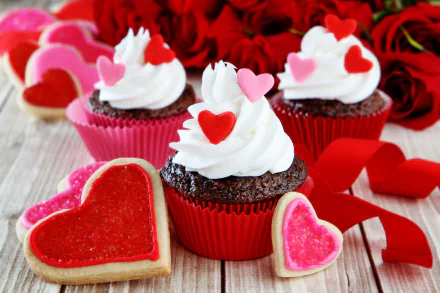 Colorful cupcakes topped with swirls of frosting and heart-shaped candies, surrounded by sweet heart-shaped cookies, set against a backdrop of red roses, creating a love-themed dessert scene.