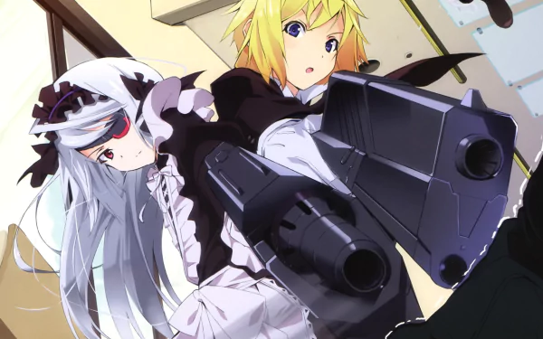 An HD desktop wallpaper featuring characters Charlotte Dunois and Laura Bodewig from the anime Infinite Stratos, showcasing dynamic poses and vibrant colors.