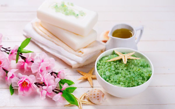 4K Ultra HD spa still life featuring green bath salt in a bowl with a starfish, pink flowers, white soap bars, a pitcher, and folded towels on a white wooden surface.