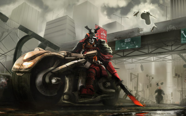 Sci Fi Warrior Samurai Armor Motorcycle Bike Sword City HD Wallpaper | Background Image