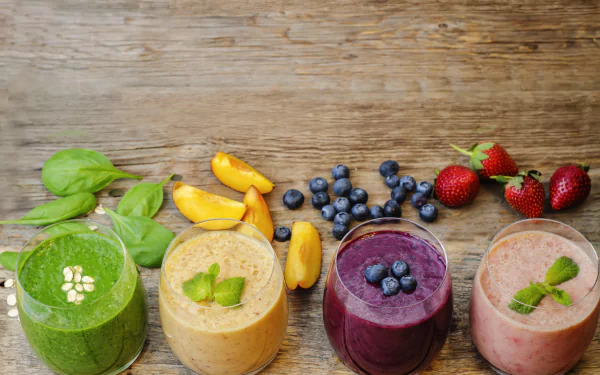 A vibrant 4K Ultra HD desktop wallpaper featuring four glasses of smoothies in green, peach, blueberry, and strawberry flavors, surrounded by fresh fruits and herbs on a wooden surface.