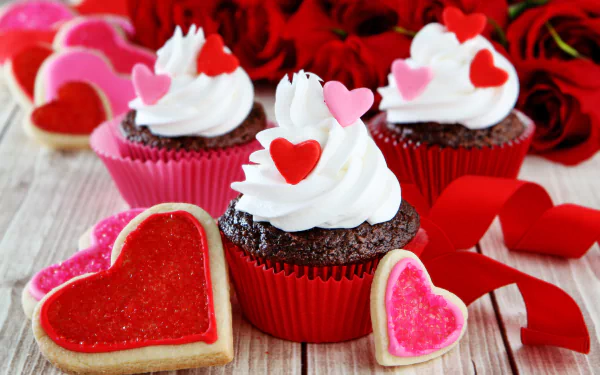 Colorful cupcakes topped with swirls of frosting and heart-shaped candies, surrounded by sweet heart-shaped cookies, set against a backdrop of red roses, creating a love-themed dessert scene.