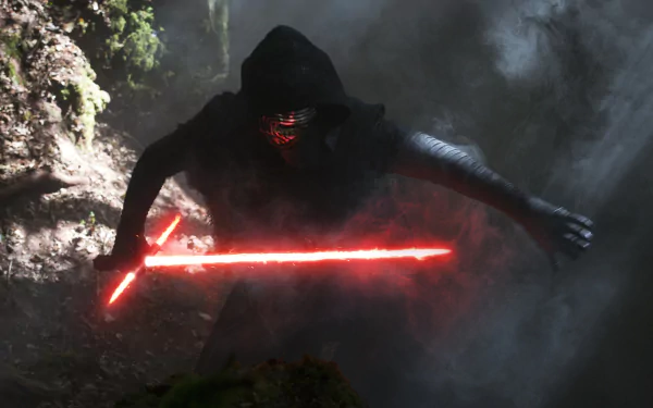 A HD desktop wallpaper featuring Kylo Ren from Star Wars Episode VII: The Force Awakens, wielding a red lightsaber amidst a foggy forest setting. This Sith image captures an intense cinematic moment.