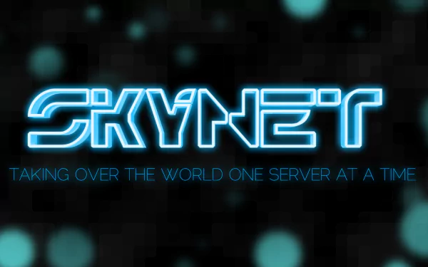 A stylish HD desktop wallpaper featuring the iconic Skynet logo from the movie *The Terminator*, with a modern design and a light blue glow against a dark background.