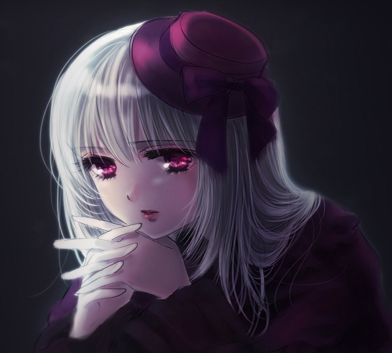 HD PC desktop wallpaper featuring Anna Kushina from the anime K Project, showcasing her silver hair, striking pink eyes, and dark outfit with a bow in a moody atmosphere.