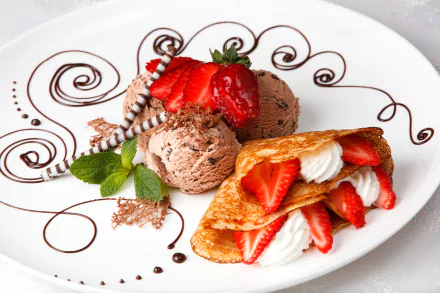 A delicious dessert plate featuring chocolate ice cream, fresh strawberries, and crêpes, elegantly drizzled with chocolate sauce and garnished with mint leaves. 4K Ultra HD quality.