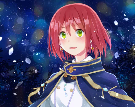A vibrant HD wallpaper featuring Shirayuki from Snow White with the Red Hair, showcasing her with striking red hair and green eyes against a starry night background.