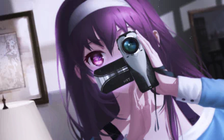 HD PC desktop wallpaper featuring Utaha Kasumigaoka from the anime Saekano: How to Raise a Boring Girlfriend, holding a camcorder with a focus on her vibrant purple hair and eyes.