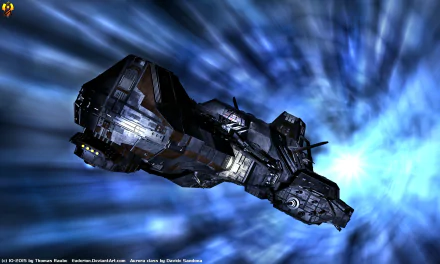 HD desktop wallpaper featuring a starship traveling through hyperspace, inspired by the Stargate Atlantis TV show universe.