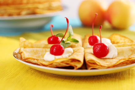 cream mint cherry food crêpe HD Desktop Wallpaper | Background Image