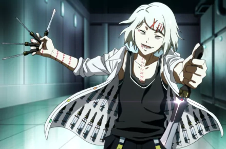 HD desktop wallpaper featuring Juuzou Suzuya from Tokyo Ghoul, wielding multiple knives in a dynamic pose.