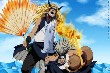 Anime Naruto HD PC desktop wallpaper featuring two intense characters in dynamic battle poses against a bright blue sky and icy terrain background.