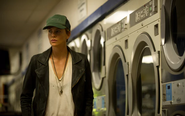 Charlize Theron in a scene from the movie Dark Places, captured in a 4K Ultra HD PC desktop wallpaper featuring a dimly lit laundromat setting.