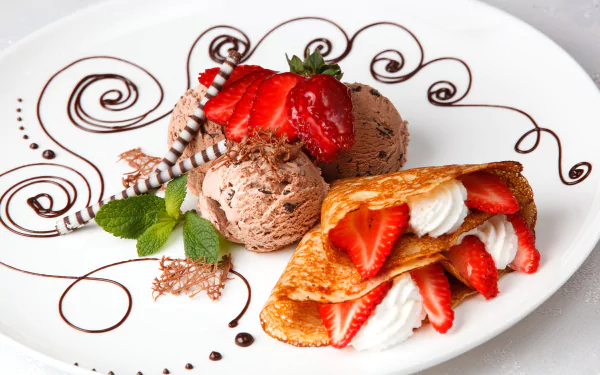 A delicious dessert plate featuring chocolate ice cream, fresh strawberries, and crêpes, elegantly drizzled with chocolate sauce and garnished with mint leaves. 4K Ultra HD quality.