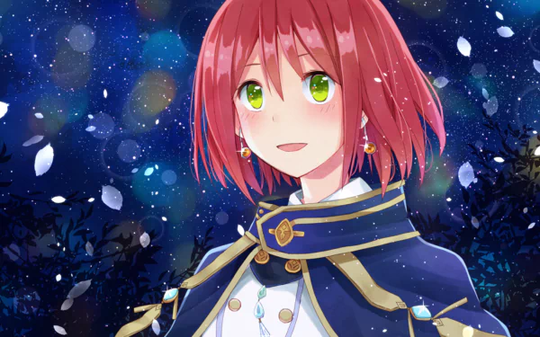 A vibrant HD wallpaper featuring Shirayuki from Snow White with the Red Hair, showcasing her with striking red hair and green eyes against a starry night background.
