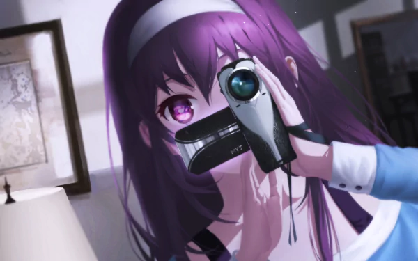HD PC desktop wallpaper featuring Utaha Kasumigaoka from the anime Saekano: How to Raise a Boring Girlfriend, holding a camcorder with a focus on her vibrant purple hair and eyes.