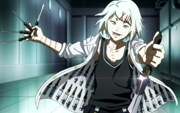 HD desktop wallpaper featuring Juuzou Suzuya from Tokyo Ghoul, wielding multiple knives in a dynamic pose.