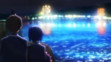 HD desktop wallpaper featuring Yūta Togashi and Rikka Takanashi from the anime Love Chunibyo & Other Delusions, overlooking a brightly lit waterfront at night.