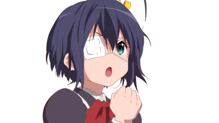 HD PC desktop wallpaper featuring Rikka Takanashi from the anime Love Chunibyo & Other Delusions, showcasing her iconic eyepatch and expressive pose.