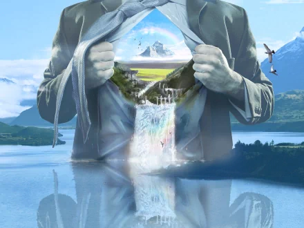 An artistic HD wallpaper featuring a surreal scene where a person opens their shirt to reveal a waterfall and a serene landscape with mountains, birds, and water reflecting the sky.
