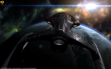 A stunning 4K Ultra HD wallpaper featuring an Ascension class starship from Star Trek, soaring through space with a vibrant, colorful backdrop of stars and a distant planet.
